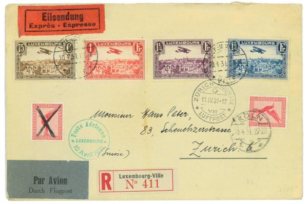 P3679 - LUXEMBURG, FIRST AIR MAIL SET MICHEL 234/7 IN FDC 10.4.1931,