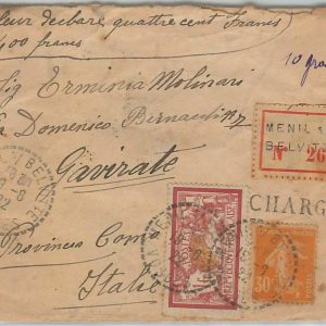 42040 - FRANCE -  POSTAL HISTORY - VALEUR DECLAREE : COVER to  ITALY  1922