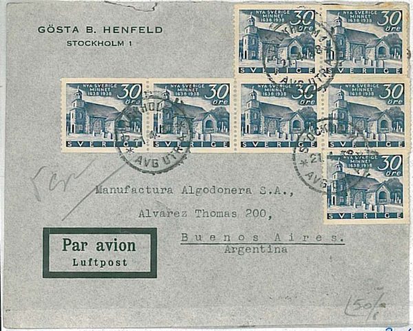 21339 - SWEDEN  - Postal History - Airmail COVER to ARGENTINA 1938