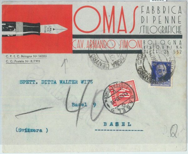 80522 - REGNO - STORIA POSTALE - BUSTA pubblicitaria  BOLOGNA 1939 Fountain pens