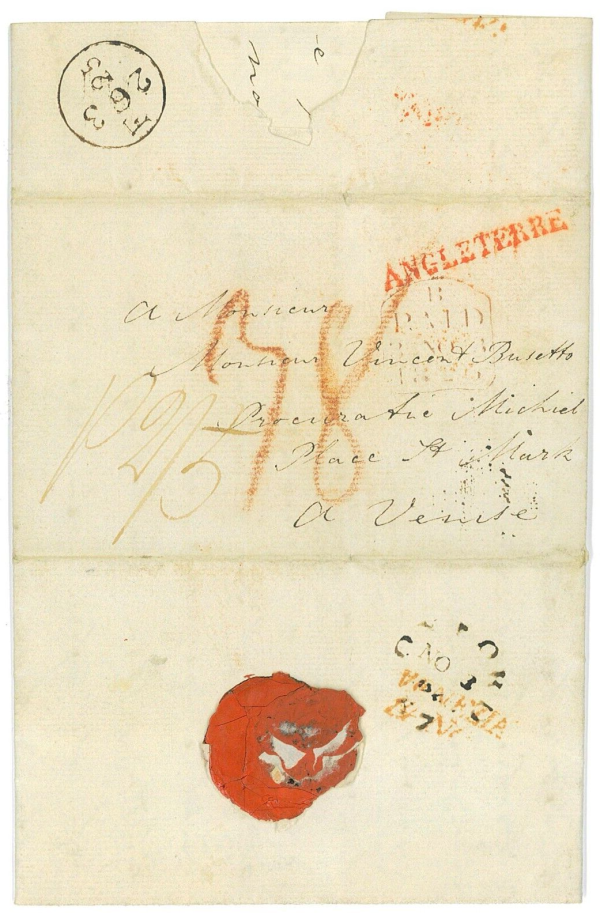 P3852 - GREAT BRITAIN PRESTAMP COMPLETE FOLDED LETTER FROM OXFORD TO VENICE 1825