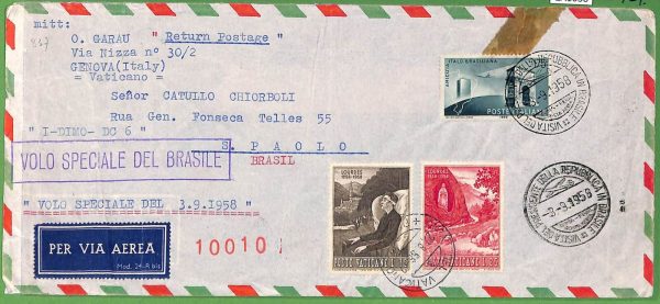 ZA1630 - VATICANO - Storia POstale - VOLO SPECIALE Presidente a BRAZIL -  1958