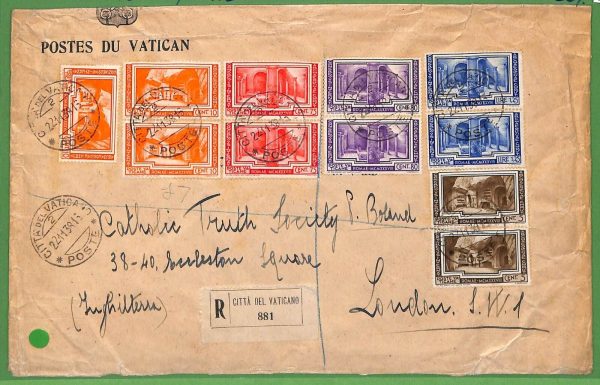 ZA1631 - VATICANO - Storia Postale - Sass # 55/60*2 su BUSTA RACCOMANDATA 1938
