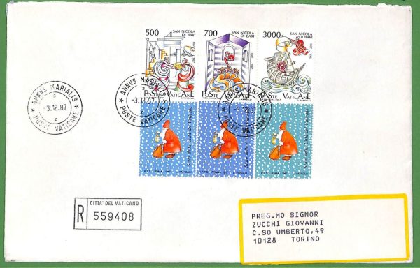 ZA1632 - VATICANO - Storia Postale - Busta   FDC SAN NICOLA con TAB! 1987