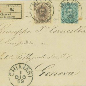 P0511  - REGNO - STORIA POSTALE - UMBERTO I - Sass 37 + 45 su RACCOMANDATA 1889