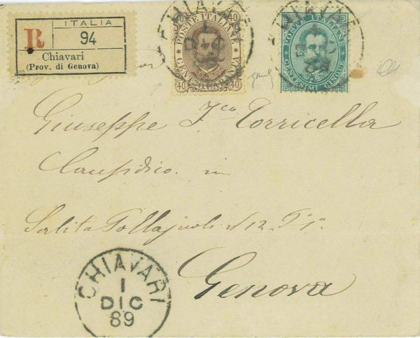 P0511  - REGNO - STORIA POSTALE - UMBERTO I - Sass 37 + 45 su RACCOMANDATA 1889