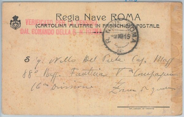 71218 - STORIA POSTALE : CARTOLINA : NAVI BOAT - R. Nave ROMA Paquebot 1915