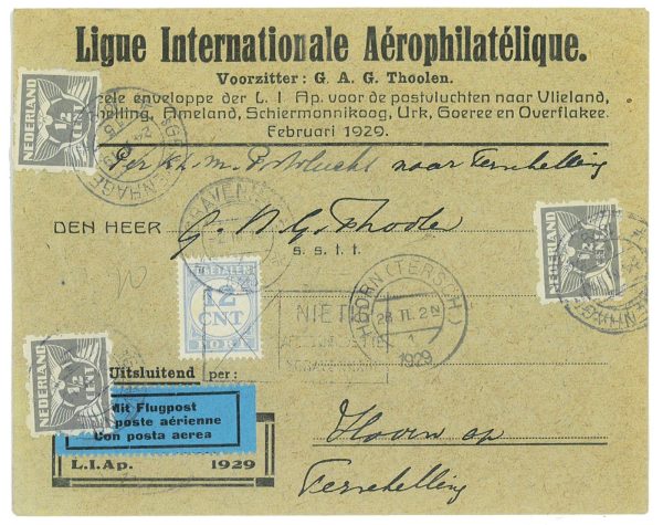 P3688 - AIRMAIL , NETHERLANDS  28.2.1929, FROM GRAVENHAGE TO HORN TAXED 12 CENTS