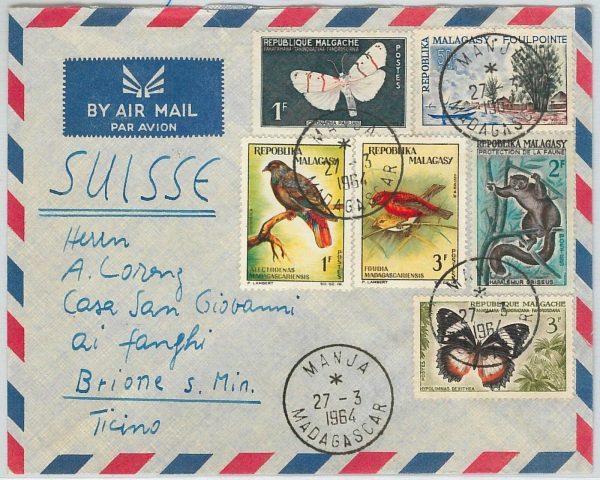 42901 - MADAGASCAR - POSTAL HISTORY - COVER  - BUTTERFLIES birds MONKEYS 1964