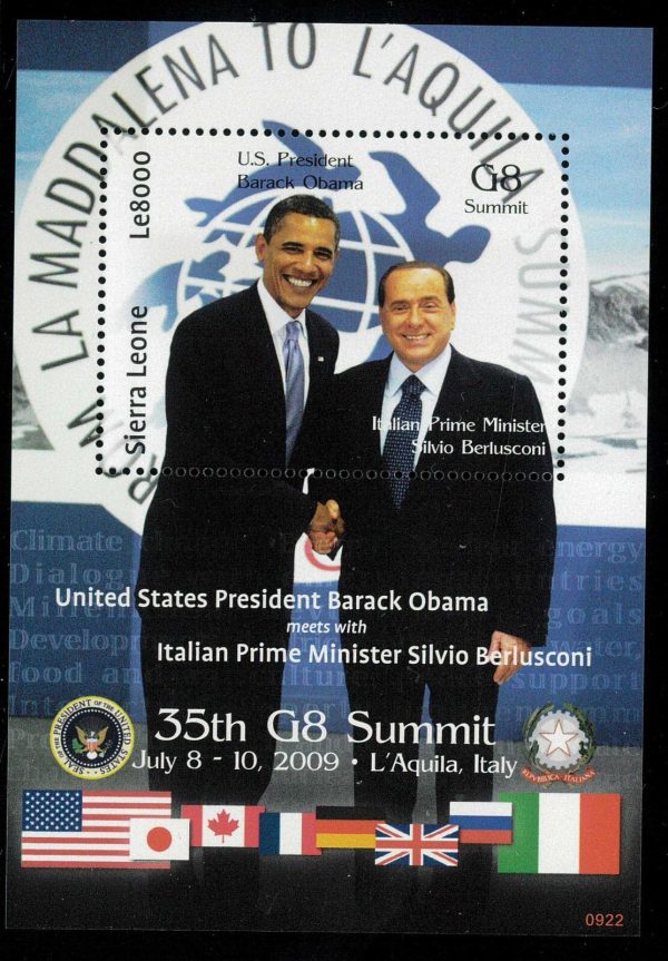 -- BERLUSCONI --  2009 Summit GB - Foglietto SIERRA LEONE - Berlusca + OBAMA