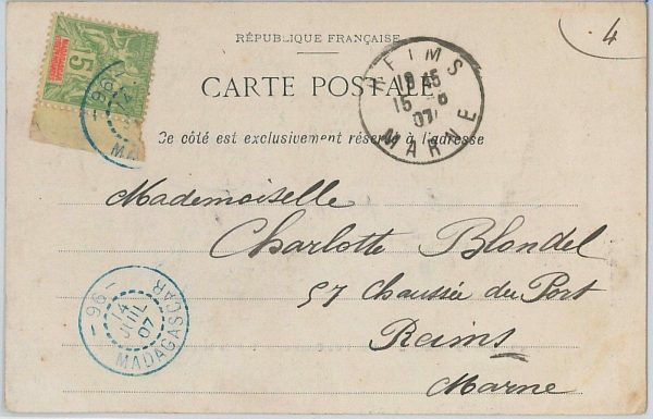 44933 - MADAGASCAR - POSTAL HISTORY: POSTCARD to FRANCE with postmark n. 96 1907