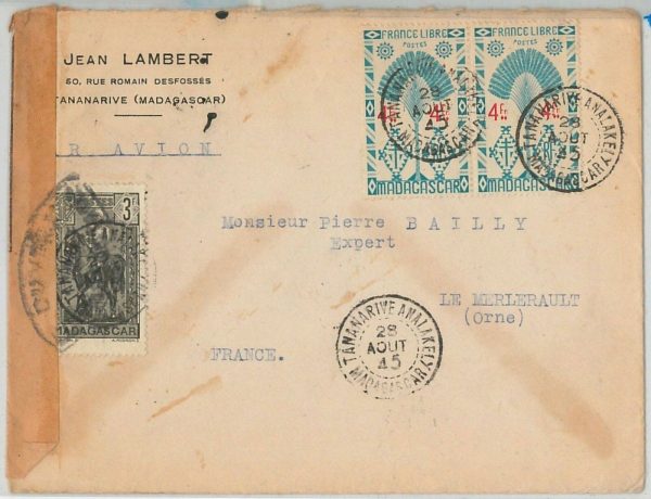 44957 - MADAGASCAR - POSTAL HISTORY - COVER to FRANCE 1945 - CENSOR