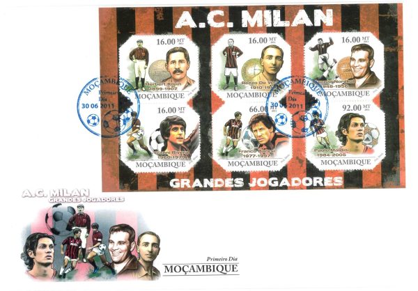 MILAN AC  Calcio - 2011  Foglietto MOZAMBIQUE busta FDC - Rivera Maldini Baresi
