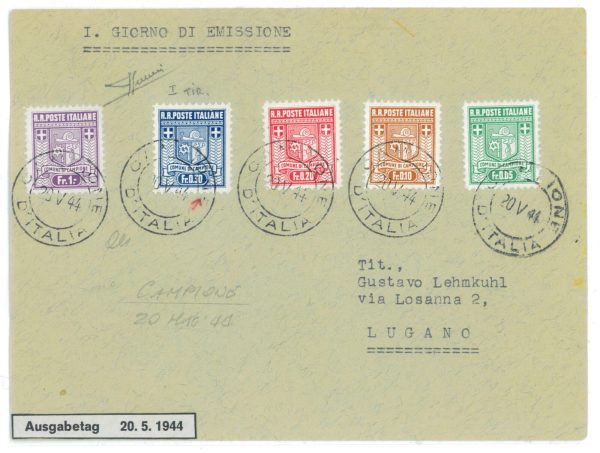 P2579 - CAMPIONE D'ITALIA , SASSONE 1A/5A, SU BUSTA PRIMO GIORNO 20.5.1944