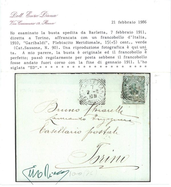 P0522 - REGNO - STORIA POSTALE - Sass # 90 GARIBALDI usato FUORI CORSO - DIENA