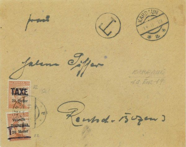 P0562 - TRENTINO ALTO ADIGE - Storia Postale - SEGNATASSE Bolzano su BUSTA 1919