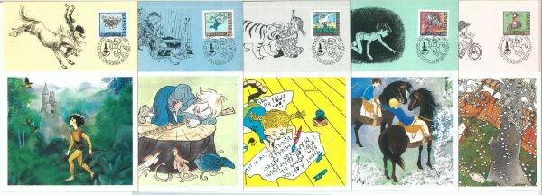 68913 - SWEDEN - Set of 5 MAXIMUM CARDS  1987  - LETTERATURE Horses Bicycles
