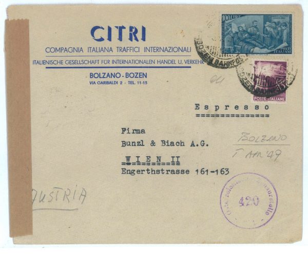 P2608 - ITALIA PER ESPRESSO IN TARIFFA ESATTA DA BOLZANO A VIENNA 5.4.1949