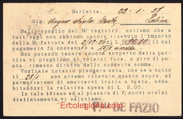 ae0899 - CARTOLINA  D'EPOCA - BAT Provincia - Barletta  1927 - immagine 2