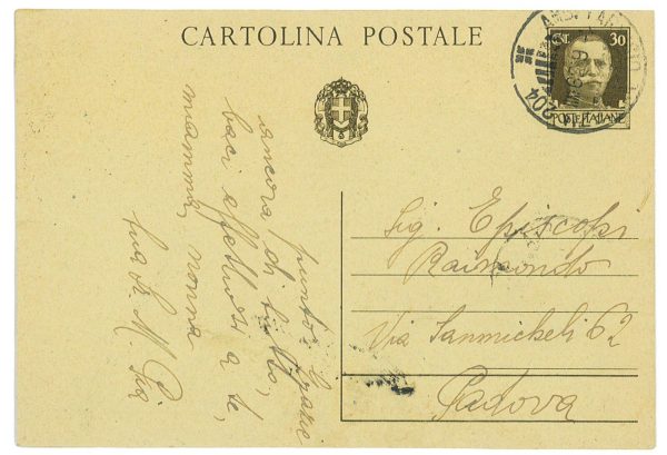 P4076 - ITALIA 1939 CARTOLINA POSTALE V.E.II 30 CENT. CON “REPIQUAGE” PRIVATO