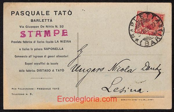 ae0901 - CARTOLINA  D'EPOCA - BAT Provincia - Barletta  1928