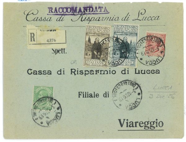 P1067 - ITALIA REGNO, VI CENTENARIO FRANCESCANO, LIRE, 5 (+2,50) SU BUSTA