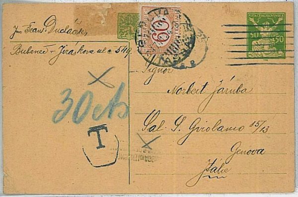 29659 - Czechoslovakia - POSTAL STATIONERY to ITALY - TAXED on arrival 1924