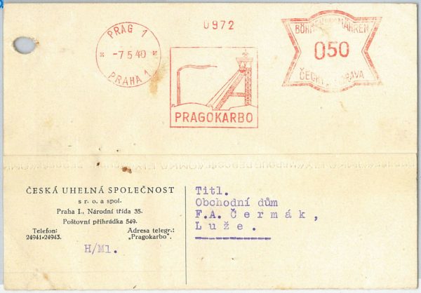61505 - BOHEMIA MORAVIA - POSTAL HISTORY - RED MECHANICAL POSTMARK on CARD 1940