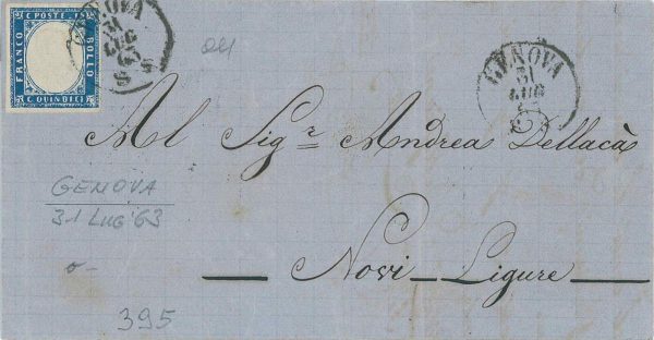P0494 -  Regno - Storia Postale - Sass #11 uso TARDIVO su BUSTA - 31 Luglio 1863