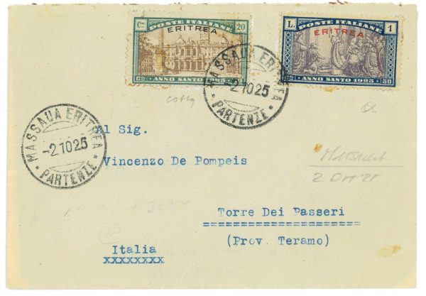 P 1168 - ITALIA COLONIE , ERITREA , 2.10.1925 LETTERA PER ITALIA, SASS. 87 E 91