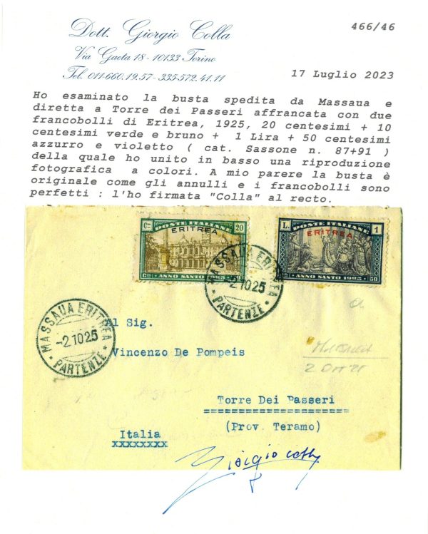 P 1168 - ITALIA COLONIE , ERITREA , 2.10.1925 LETTERA PER ITALIA, SASS. 87 E 91 - immagine 3