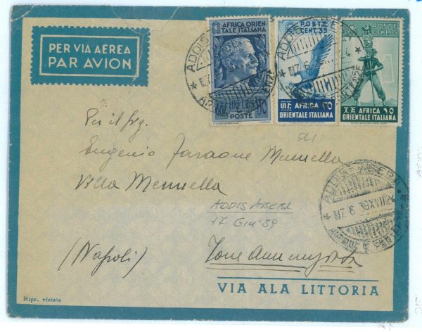P 1173  - ITALIA COLONIE ,  A.O.I.  1939 TRICOLORE, VIAGGIATA DA ADDIS ABEBA