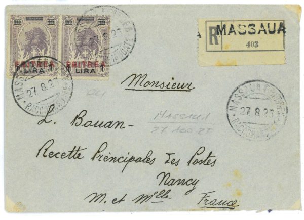 P 1194  - ITALIA COLONIE   1925 ERITREA SASS. 86 X 2 SU BUSTA PER LA FRANCIA