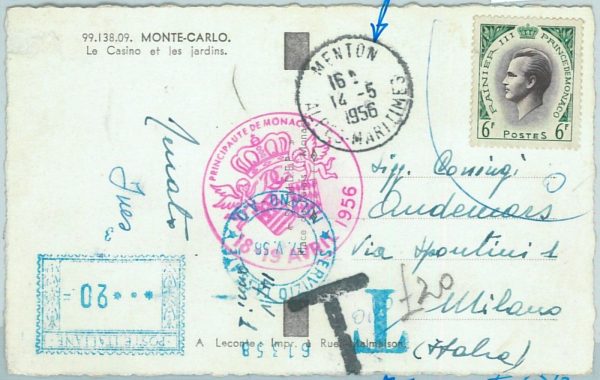 66811 - MONACO  - Postal History - POSTCARD to ITALY, TAXED on ARRIVAL  1956