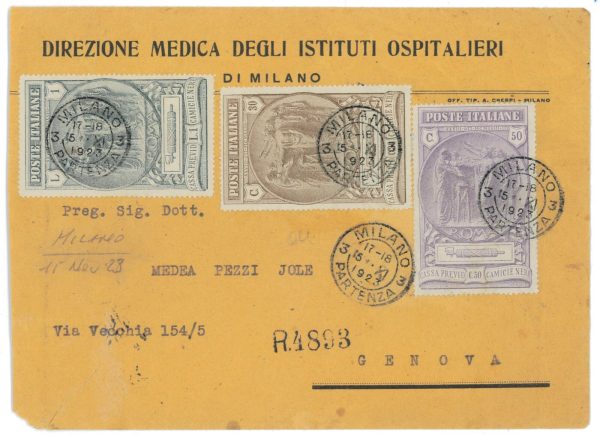 P1077 - ITALIA REGNO 1923 CAMICIE NERE, SASS. 147/9 SERIE COMPLETA SU BUSTA