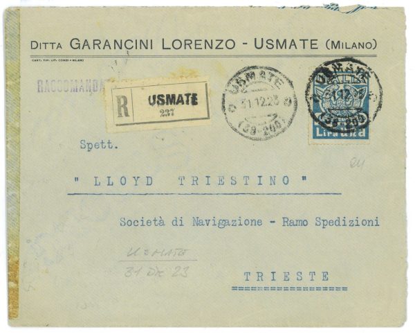P1078 - ITALIA REGNO SASS.144 MARCIA SU ROMA, 1 LIRA ISOLATO SU BUSTA 31.12.1923