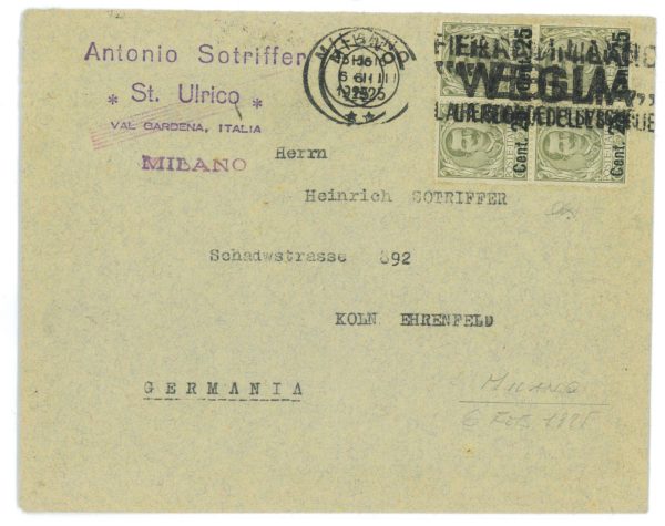 P1083 - ITALIA REGNO , SASS. 177 IN QUARTINA SU BUSTA PER LA GERMANIA