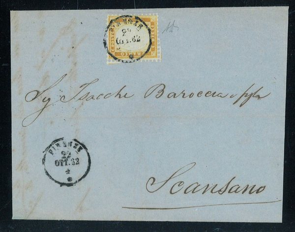 P3021 - REGNO D’ITALIA SASS. NR 1 SU LETTERA. FIRENZE OTT. 22. 1862