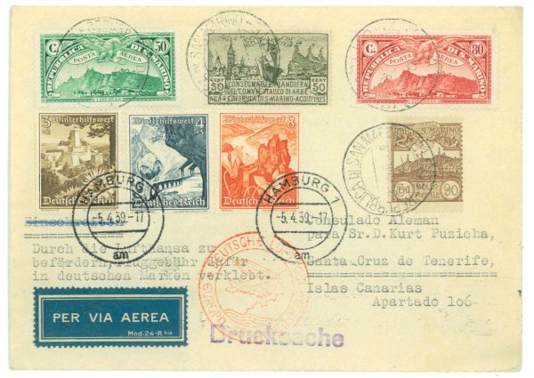 P3723 - AIRMAIL , SAN MARINO TO SANTA CRUZ DE TENERIFE, MIXED FRANKING