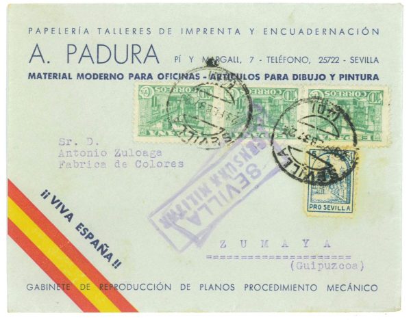 P4114 - SPAIN, CIVIL WAR NTERNAL LETTER FROM SEVILLA TO ZUMAYA,