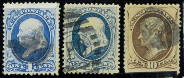P4385 C - USA 1873 DEFINITIVE, 3 STAMPS, 2 SHADES OF THE 1 CENT,  10 CENT USED