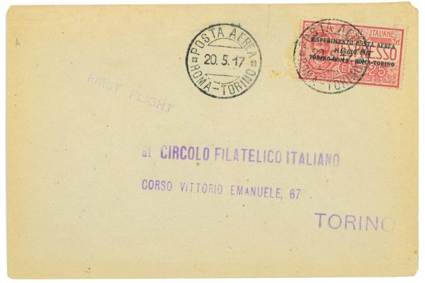 P3777 - REGNO, POSTA AEREA NR. 1 BUSTA VIAGGIATA NEL VOLO SPECIALE ROMA TORINO