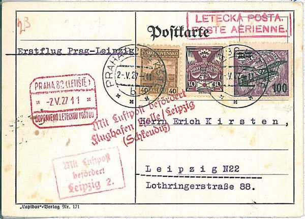 27295 - Czechoslovakia - POSTAL HISTORY - FLIGHT CARD: PRAGUE / LIEPZIG 1927