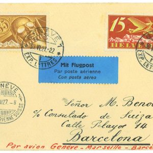 P3727 - SWITZERLAND , 1.7.1927 FIRST FLIGHT GENEVE, MARSEILLE, BARCELONA.