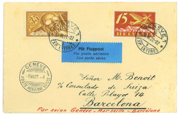 P3727 - SWITZERLAND , 1.7.1927 FIRST FLIGHT GENEVE, MARSEILLE, BARCELONA.