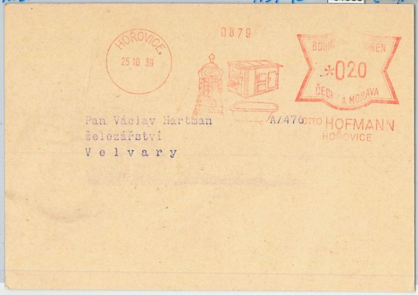 61506 - BOHEMIA MORAVIA - POSTAL HISTORY - RED MECHANICAL POSTMARK on CARD 1939