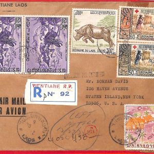aa6279 - LAOS - Postal History - REGISTERED COVER to USA   RED CROSS  Rhinoceros