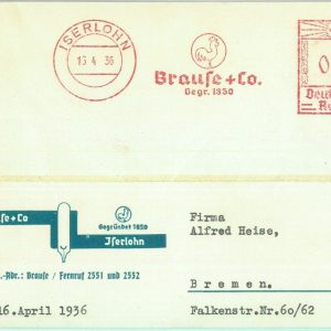 87568  - GERMANY  - POSTAL HISTORY - RED MECHANICAL POSTMARK - BIRDS Cock 1936