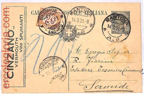 ai3475 - Italy -  POSTAL HISTORY - Advertising Stationery Card - Wine TAXED 921