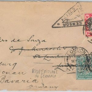 52001  TRANSVAAL - POSTAL HISTORY: COVER to GB redirected to GERMANY with PERFIN
